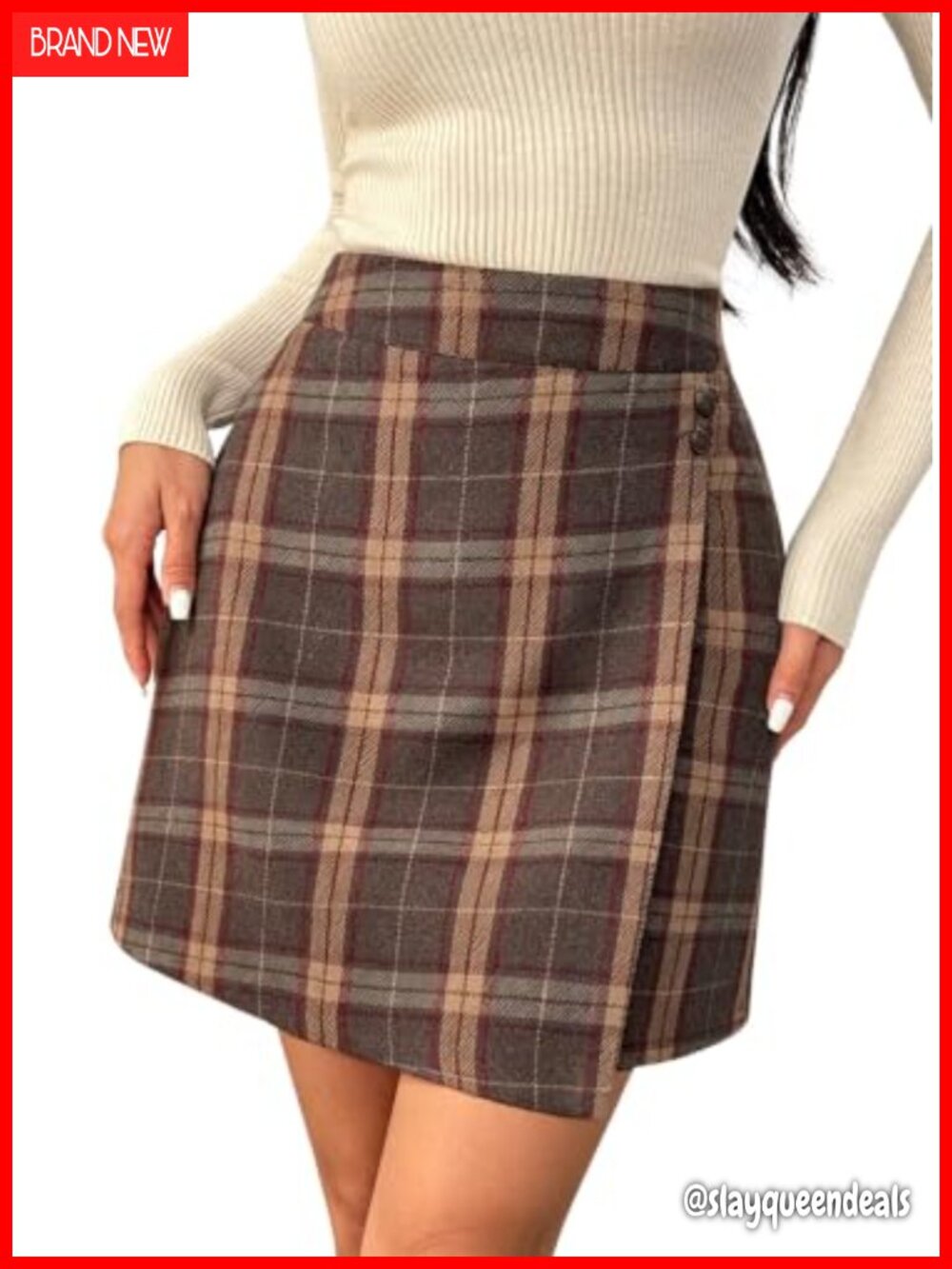 Plaid Mini Skirt with Pockets Button Decor Wrap Hem A-Line